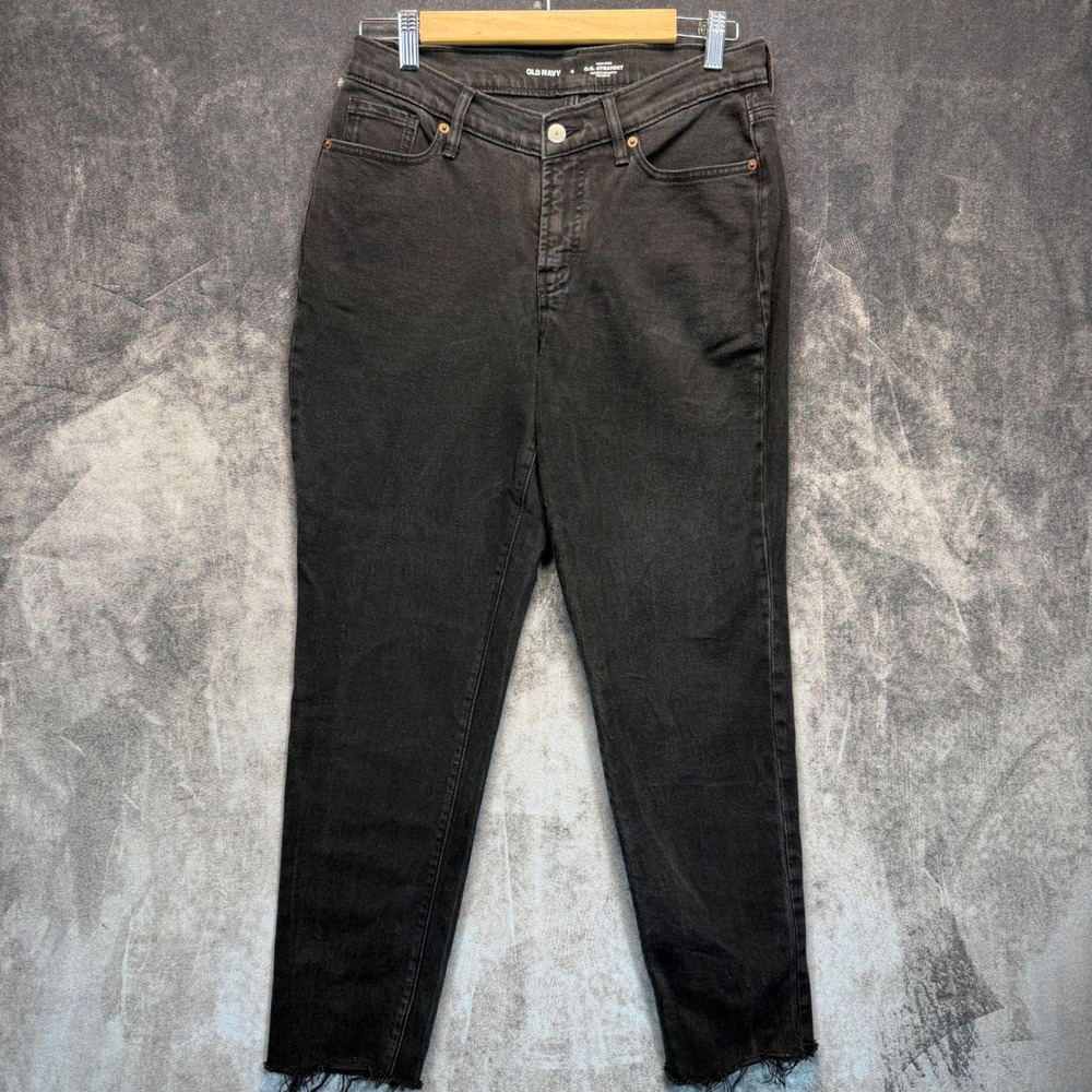 Old Navy O.G. Straight Jeans Womens Black Straight 4 High Rise Raw Hem Stretch